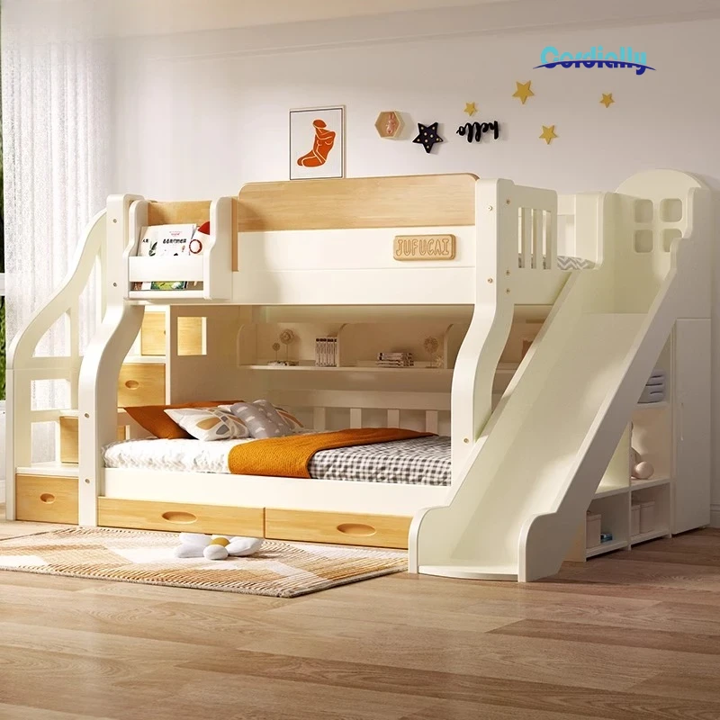 King Size Bed Frame With Storage Drawers - Loft-Doppelbett mit Treppenrahmen, Kopfteil, Kingsize, Schubladenspeicher,