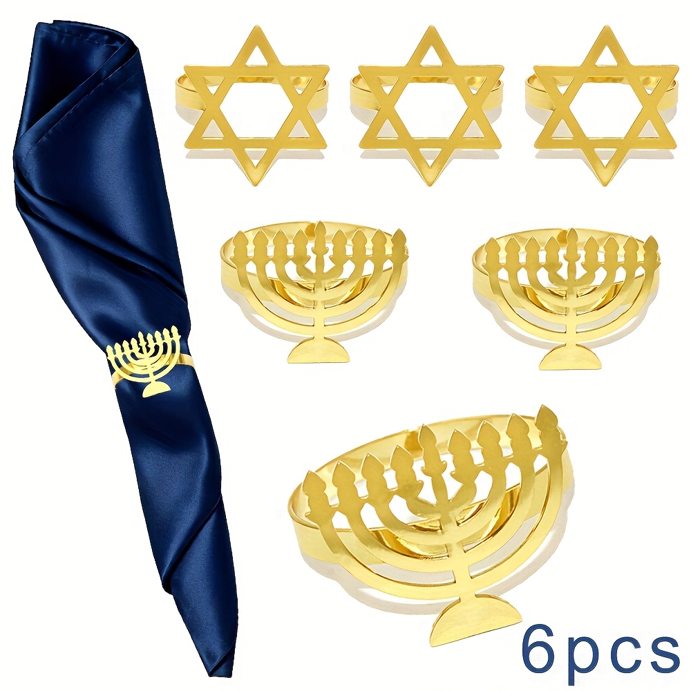 Tables - 6-teiliges Chanukka-Menora-Serviettenring-Set, Gold-Silber Strass-Stern Stoffhalter-Schnallen, Jüdische