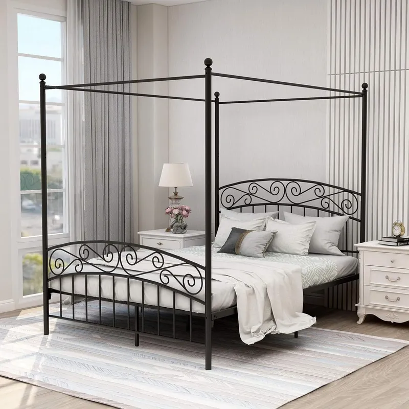 Canopy Bed Frame Metal Queen - Queensize-Bettgestell mit Baldachin, Vierpfosten-Metallbett, Schwarz