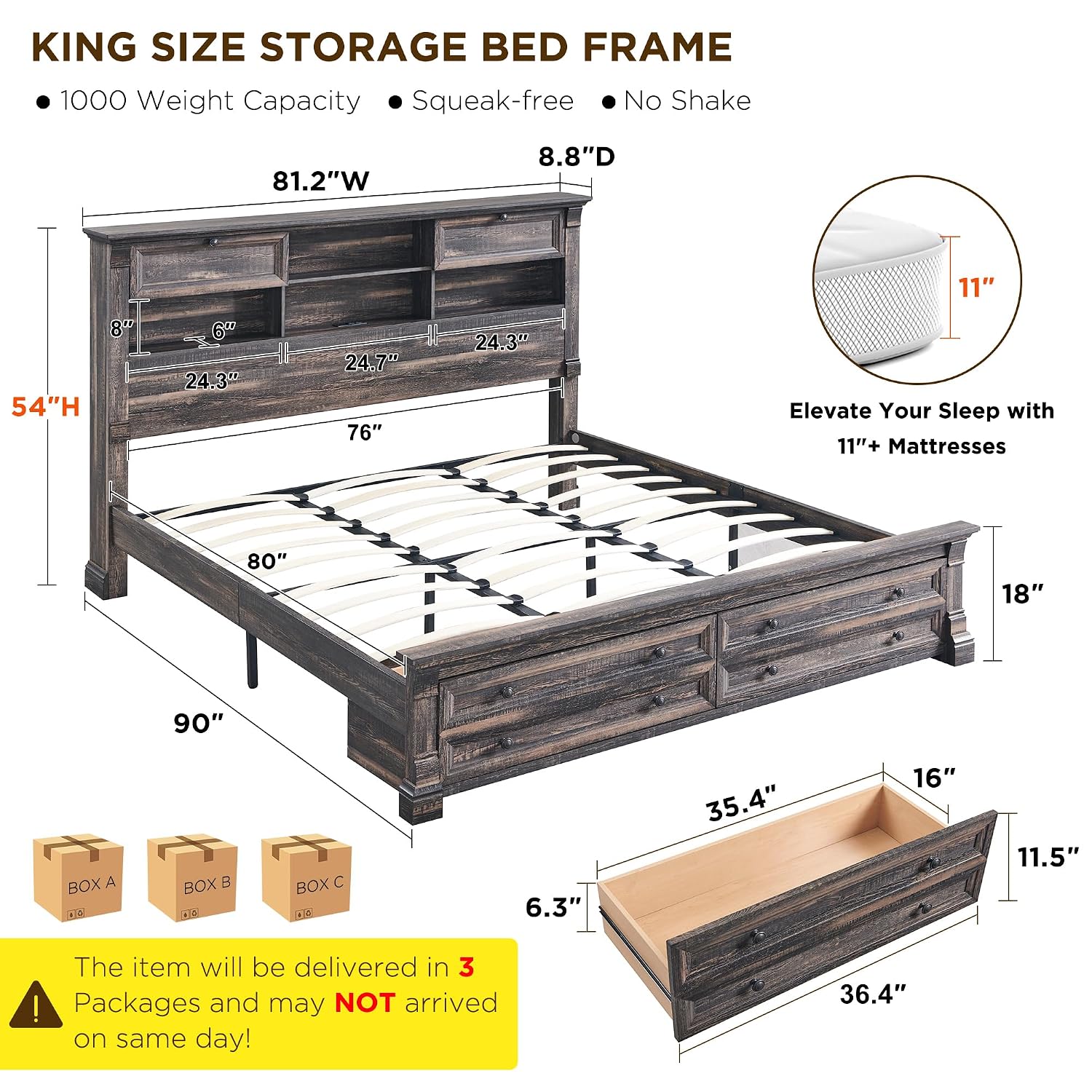 King Size Bed Frame With Storage Drawers - Kingsize-Bettgestell, 54 Zoll Kopfteil, 4 Ablagefächern,