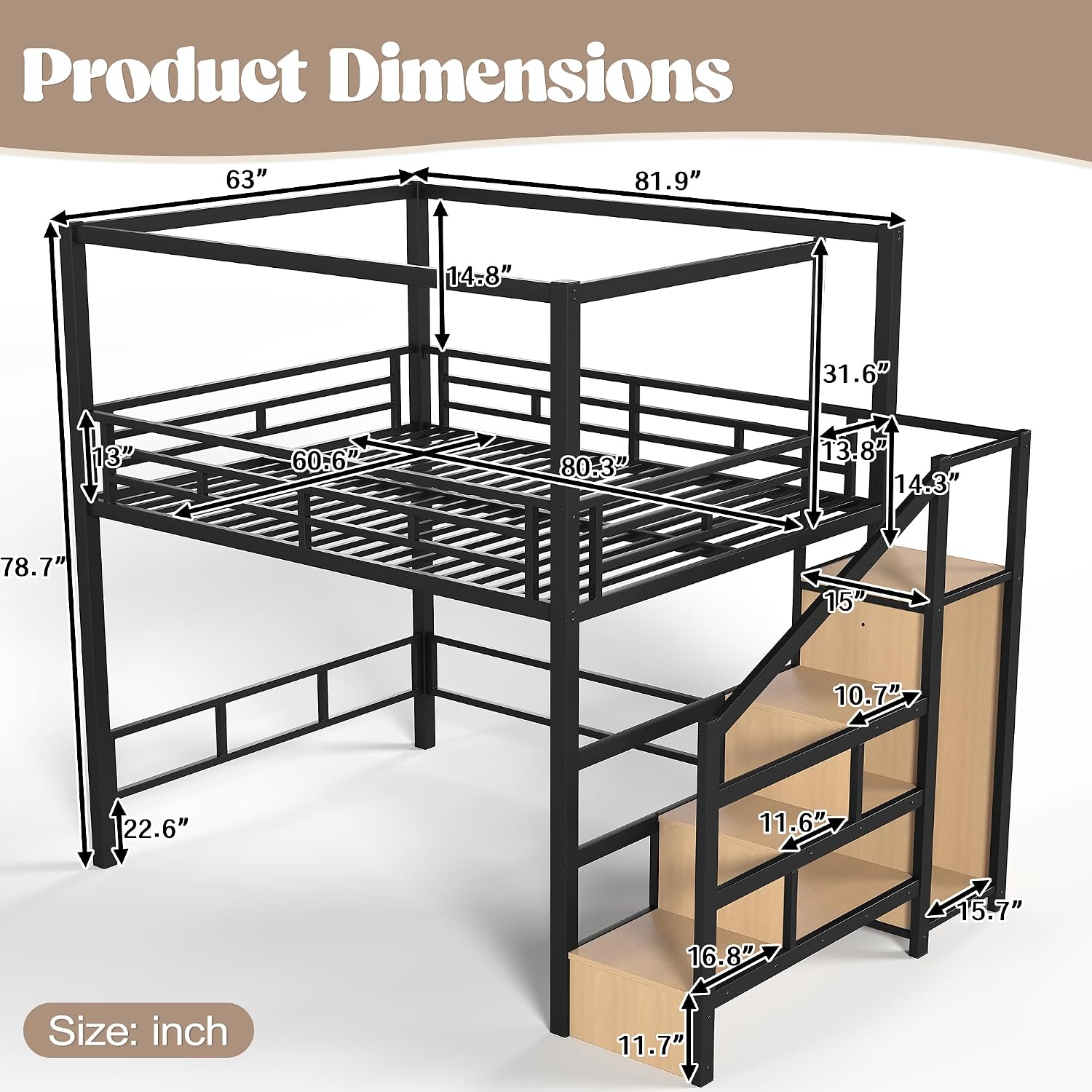 Canopy Bed Frame Metal Queen - Queen-Loftbett mit Stauraum, Treppe und Kleiderschrank,