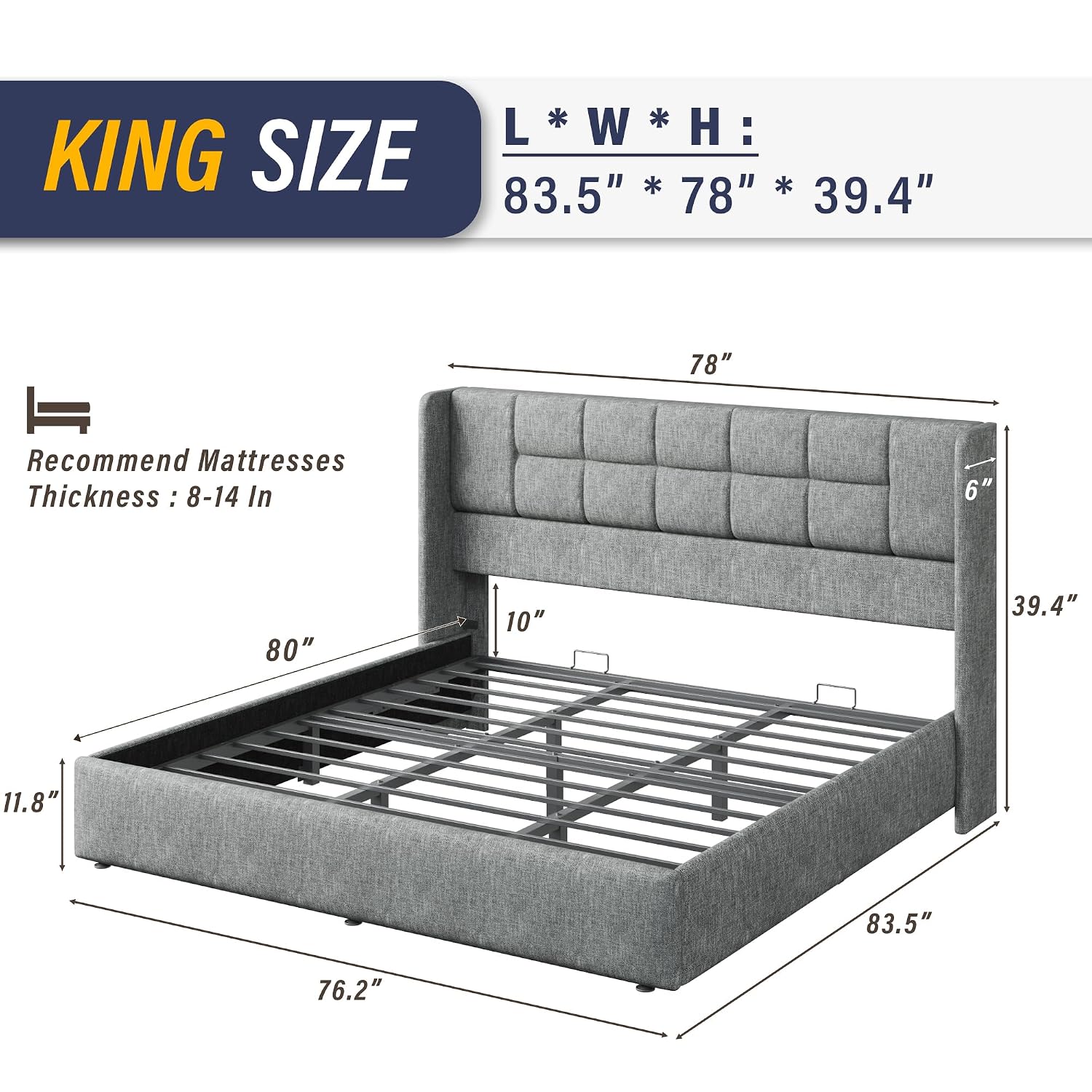 Gas Lift Storage Bed Hydraulic - Kingsize-Bettgestell mit hydraulischem Gaslift-Stauraum, gepolstert, individuell