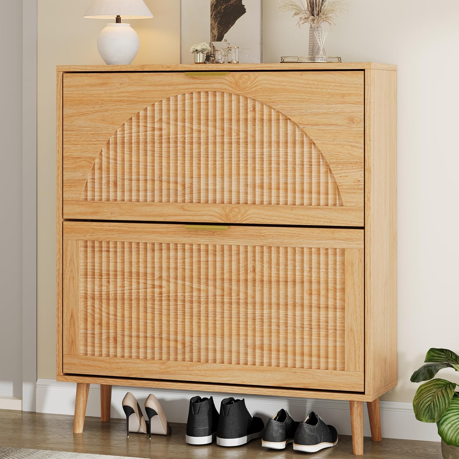 Shoe Rack Cabinet Narrow Entryway - Holz-Schuhschrank mit 2 Klappschubladen, schmales Aufbewahrungsregal,