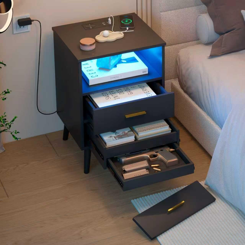 Solid Wood Nightstand 2 Drawers - Nachttisch mit Schublade, aufladbarer Nachttisch mit