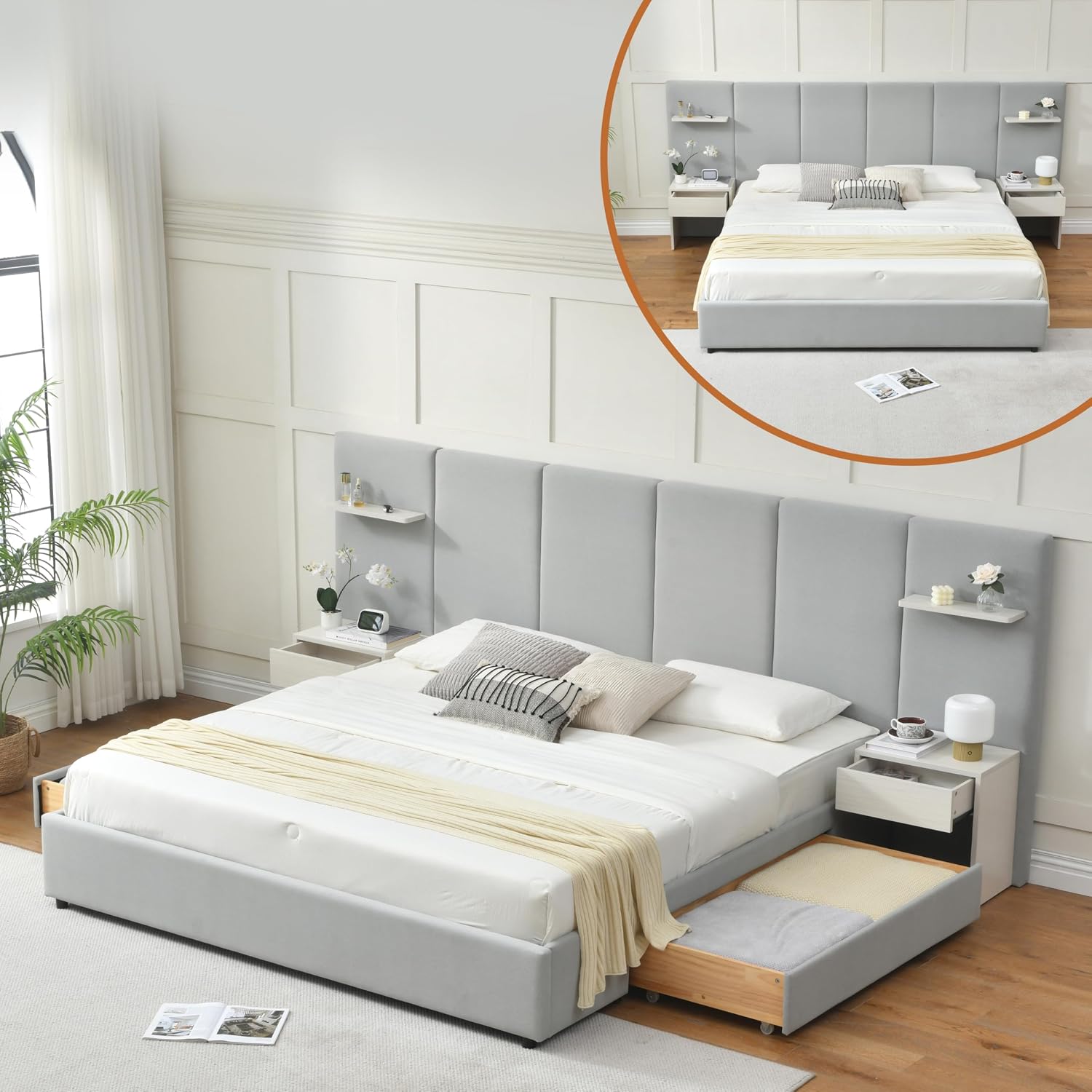 King Size Bed Frame With Storage Drawers - Kingsize-Bettgestell mit Stauraum & integrierten Nachttischen