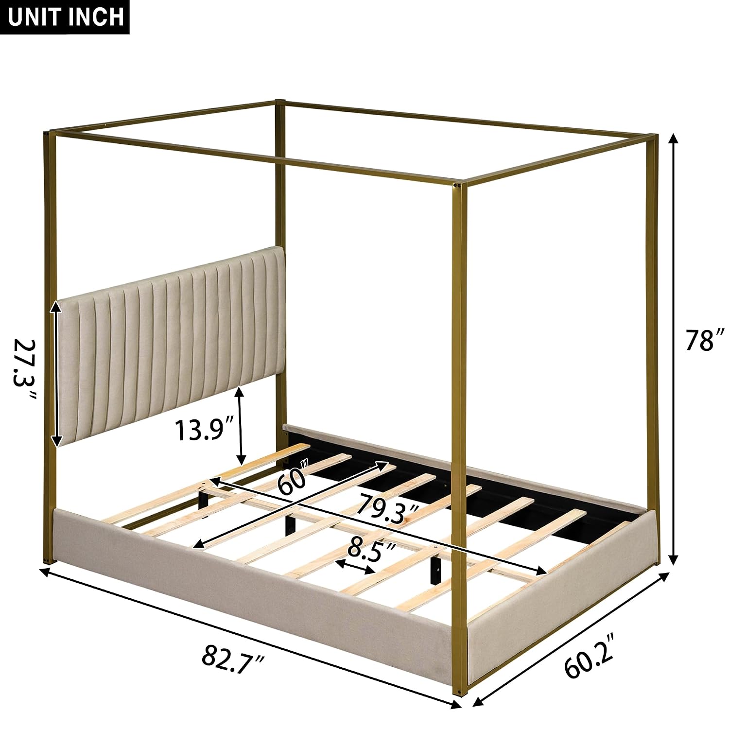 Canopy Bed Frame Metal Queen - Modernes 4-Säulen-Himmelbett Queen mit gepolstertem, gestepptem