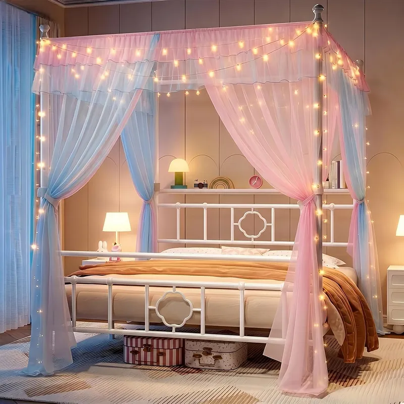 Canopy Bed Frame Metal Queen - Queen-Bettgestell mit Stauraum-Kopfteil Weißes Metall