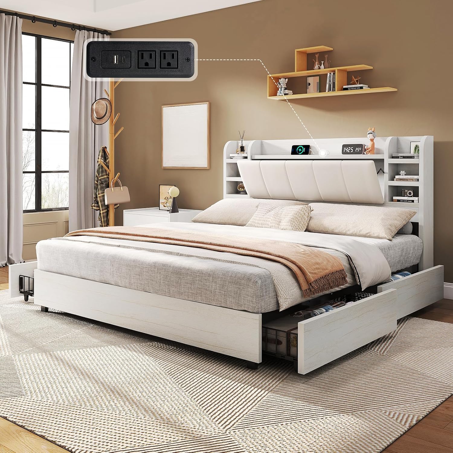 King Size Bed Frame With Storage Drawers - King-Size Polsterbett mit Bücherregal-Kopfteil & 4