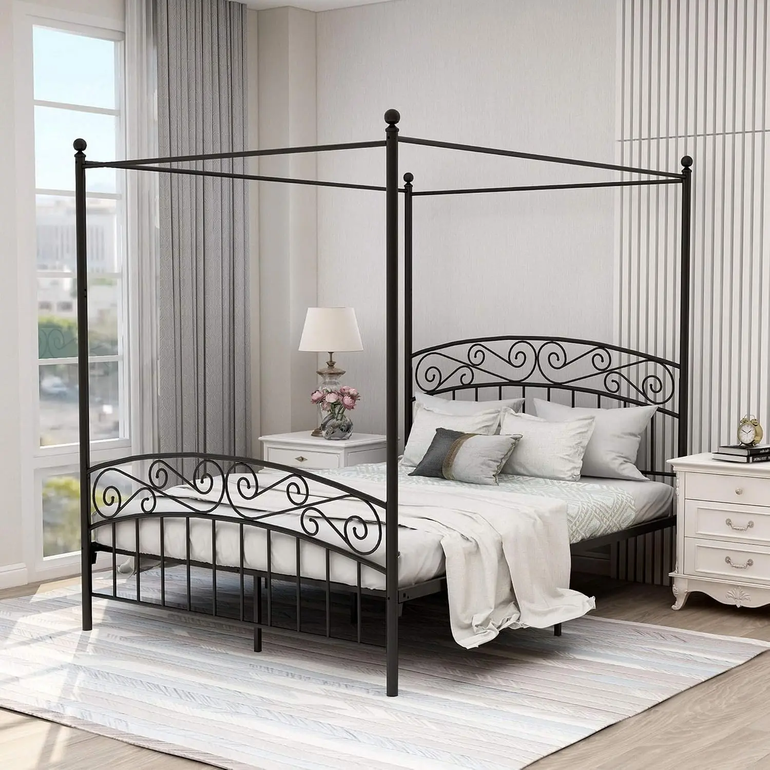 Canopy Bed Frame Metal Queen - Queen-Size-Himmelbettgestell, Metall-Plattformbett mit Kopf- und Fußteil,