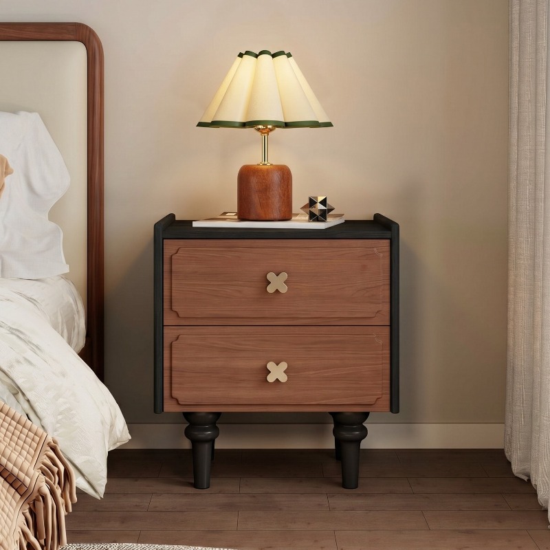 Solid Wood Nightstand 2 Drawers - Wohnmöbel Massivholz Schwarzer Nachttisch Wohnzimmer-Aufbewahrungsschrank Hotels