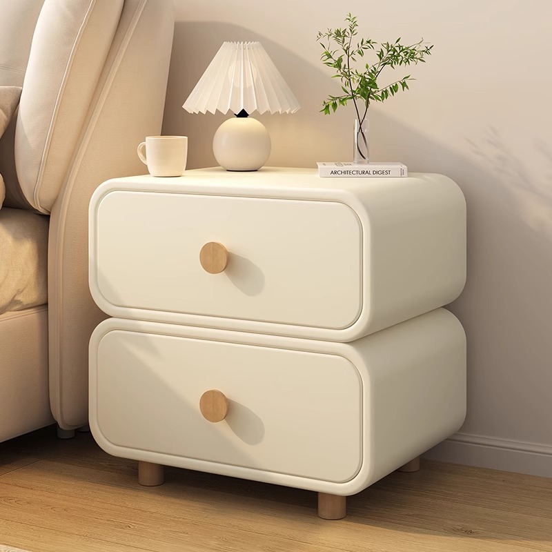Solid Wood Nightstand 2 Drawers - Minimalistischer Cremefarbener Nachttisch mit Abgerundeten Kanten