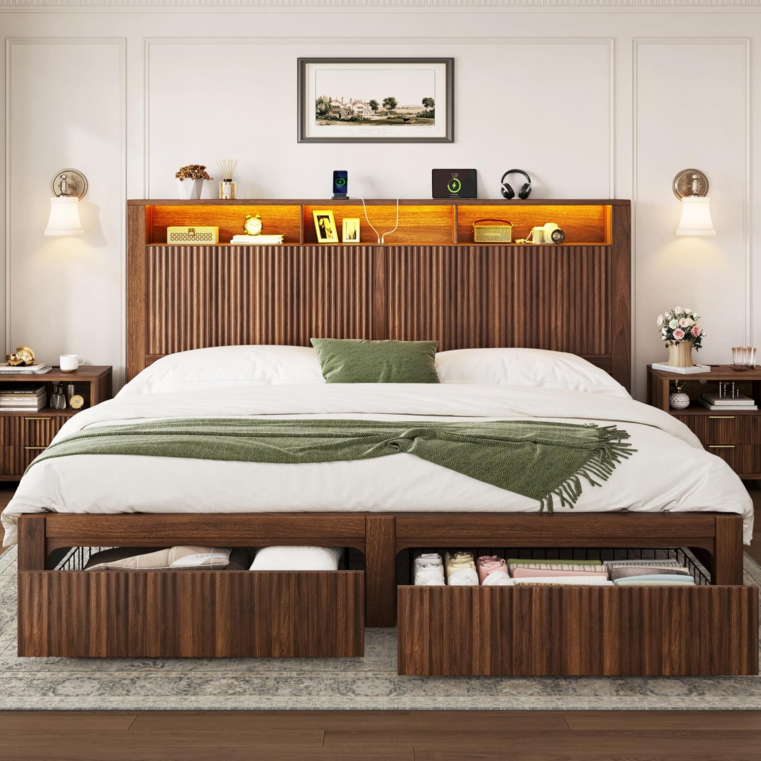 King Size Bed Frame With Storage Drawers - Kingsize-Bettgestell mit Kopfteil und 2 Schubladen,