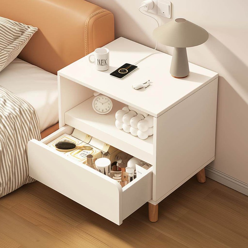 Solid Wood Nightstand 2 Drawers - Weißer Nachttisch Schlafzimmer mit Schubladen Aufbewahrungsschrank