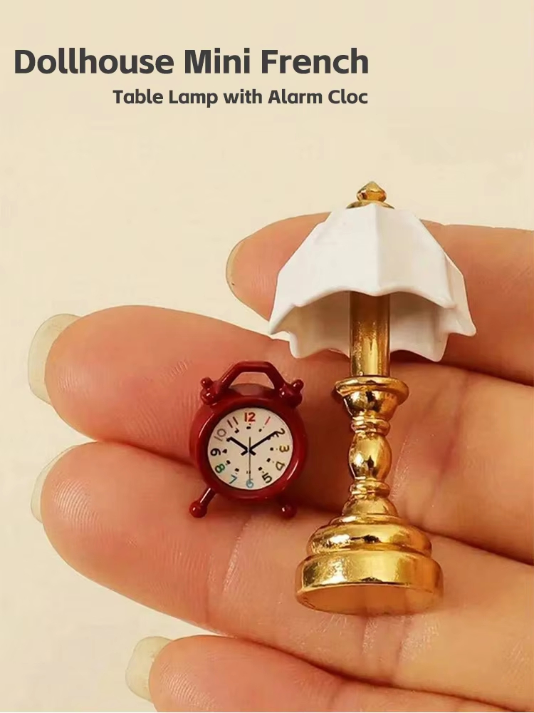 Bedroom Furniture - Miniatur Französische Tischlampe mit Wecker, 1:12