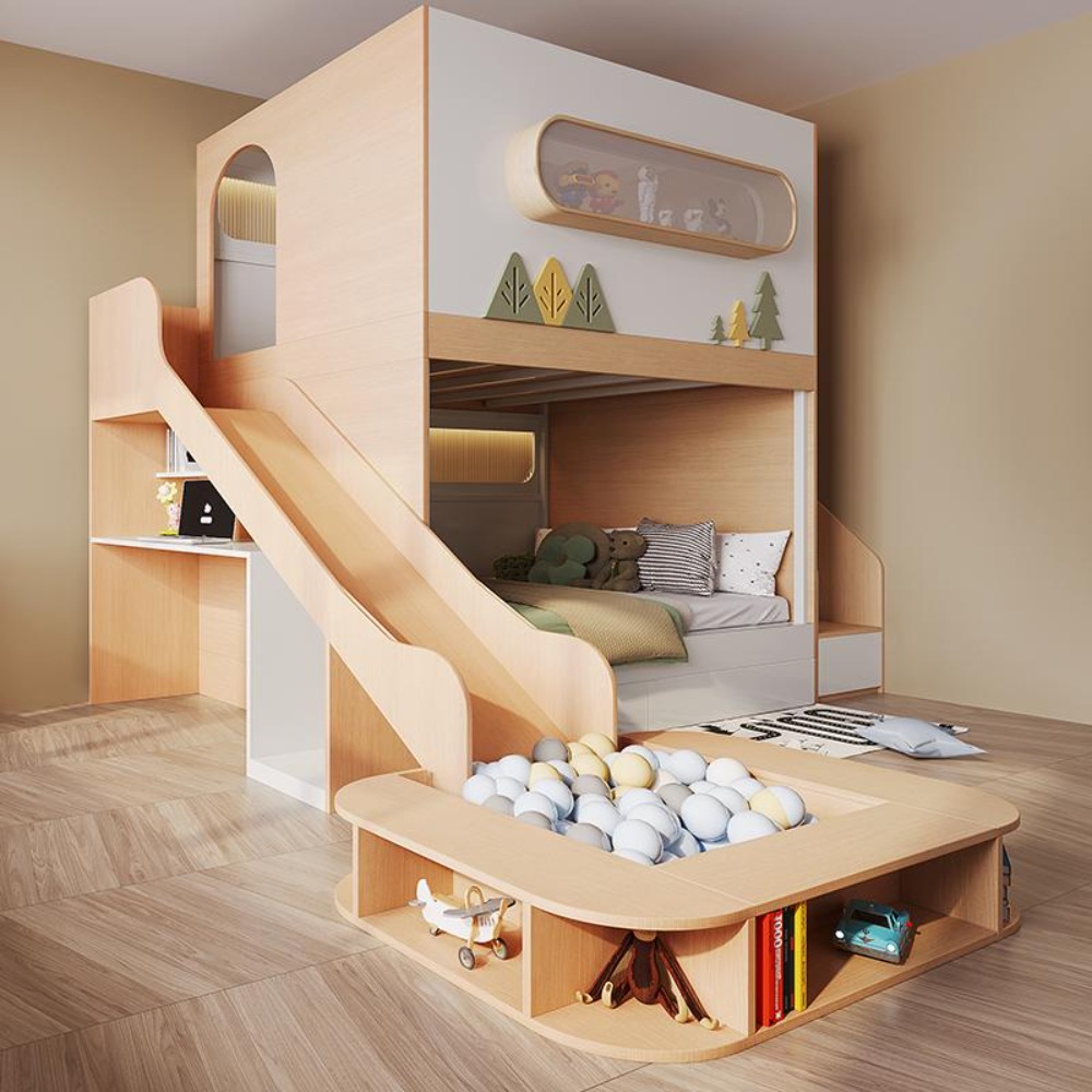 Bunk Bed With Stairs And Slide - Raumkapsel-Baumhaus-Etagenbett mit Rutsche und Bällebad, Hoch-Niedrig-Schlafplatz,