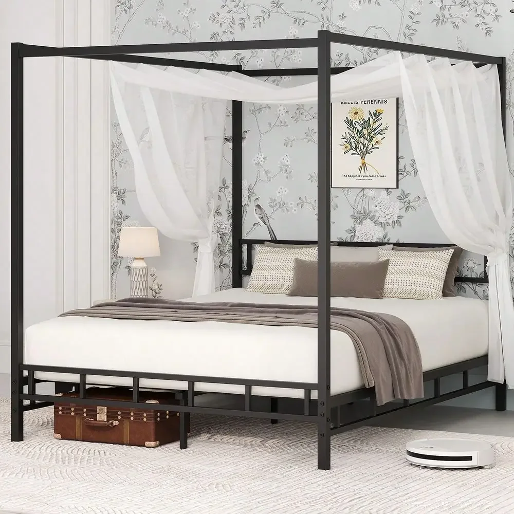 Canopy Bed Frame Metal Queen - Metall-Himmelbettgestell, Queen-Size-Bettgestell mit Metalllattenunterstützung, Matratzenunterlage, kein