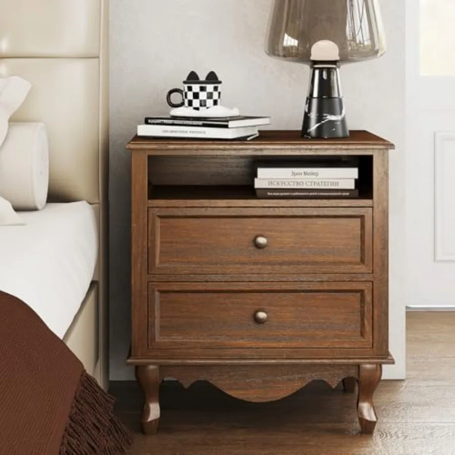 Solid Wood Nightstand 2 Drawers - Nachttisch aus Massivholz, komplett montierter Nachttisch