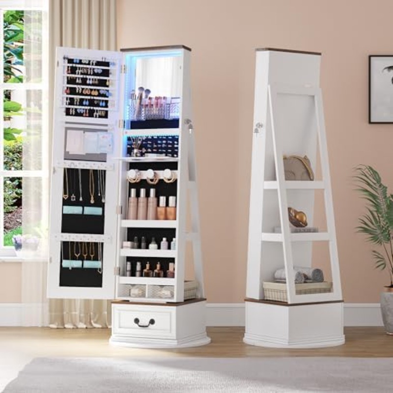 Full Length Mirror Jewelry Armoire - 360 ° Drehbarer Schmuckschrank mit Ganzkörperspiegel