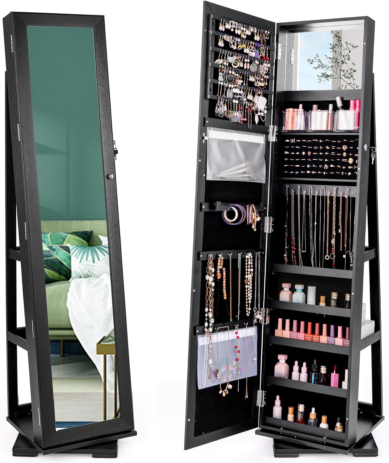 Full Length Mirror Jewelry Armoire - Schwarzer, abschließbarer, 360° drehbarer Schmuckschrank mit
