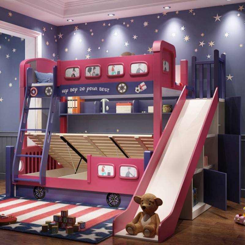 Bunk Bed With Stairs And Slide - Modernes Mädchen-Kleinkindbett mit Rutsche, Einzelbett, Kindermöbel