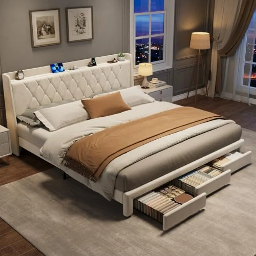 King Size Bed Frame With Storage Drawers - King-Size-Bettgestell mit Samtbezug und Kristall-Steppung am