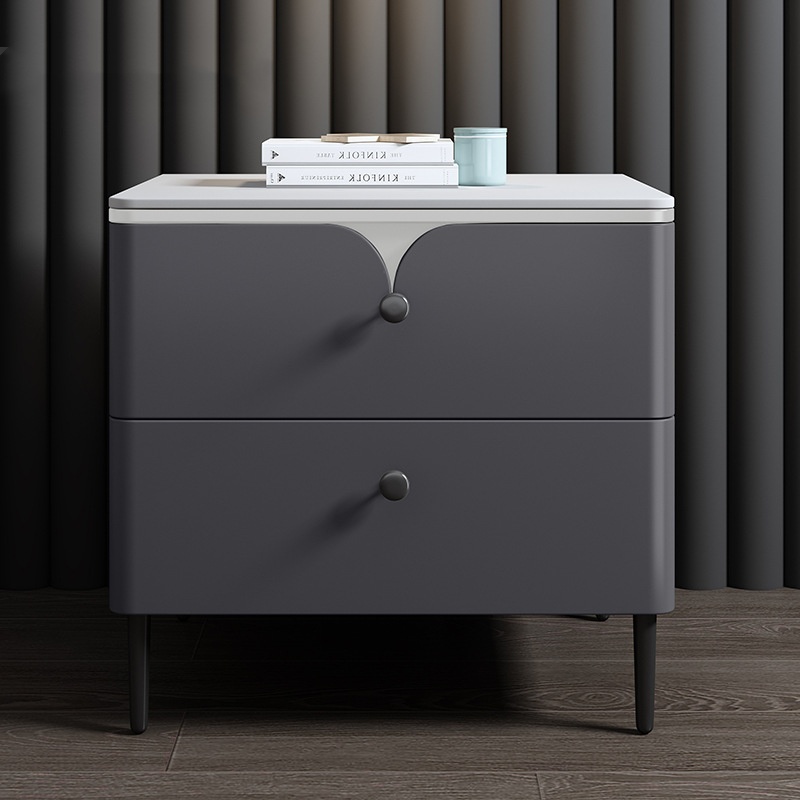Solid Wood Nightstand 2 Drawers - Moderner Massivholz-Nachttisch mit Sinterstein-Oberfläche und Lederbesatz,