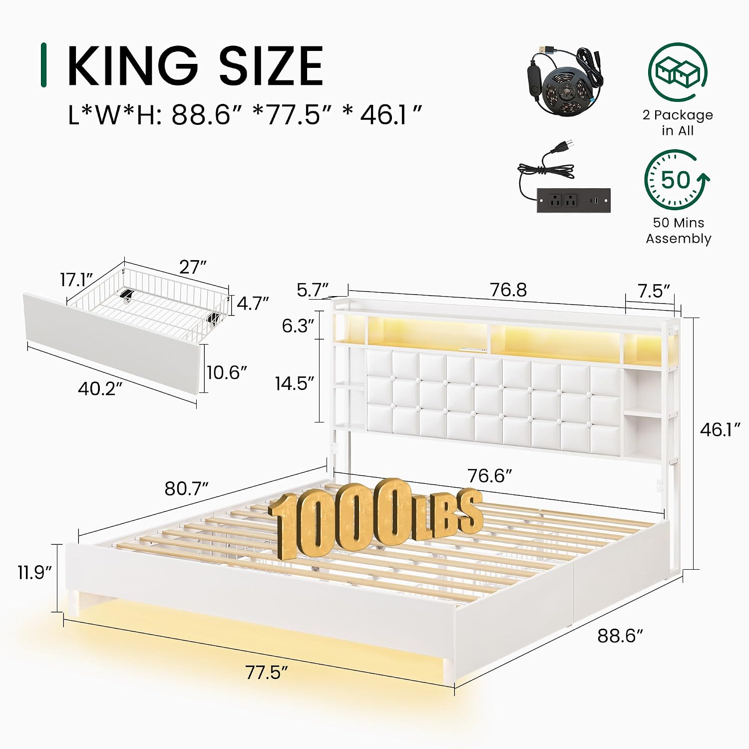 King-Size-Bettgestell aus Holz – King Size Bed Frame With Storage Drawers Bewertung und Preis