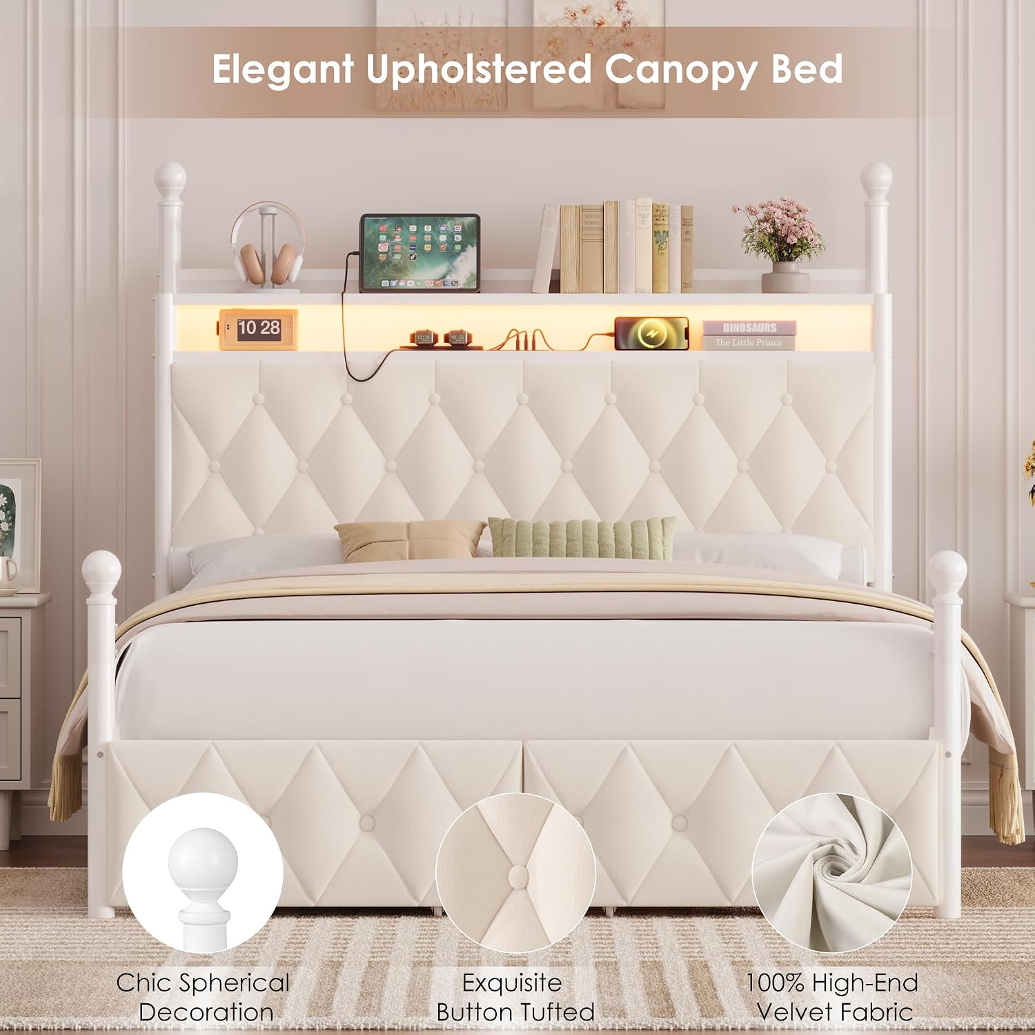 LED-Bettgestell mit Himmelbett – Canopy Bed Frame Metal Queen Bewertung und Preis