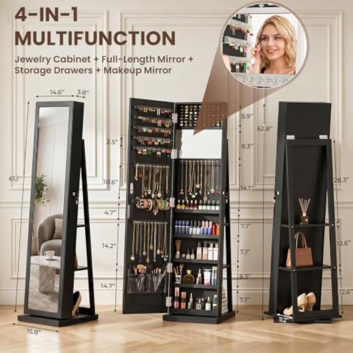 Eleganter schwarzer Schmucksch – Full Length Mirror Jewelry Armoire Bewertung und Preis