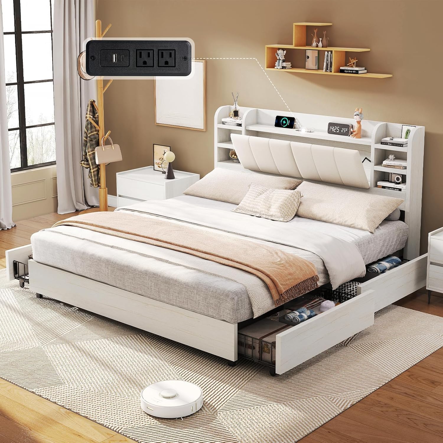 King-Size Polsterbett mit Büch – King Size Bed Frame With Storage Drawers Bewertung und Preis
