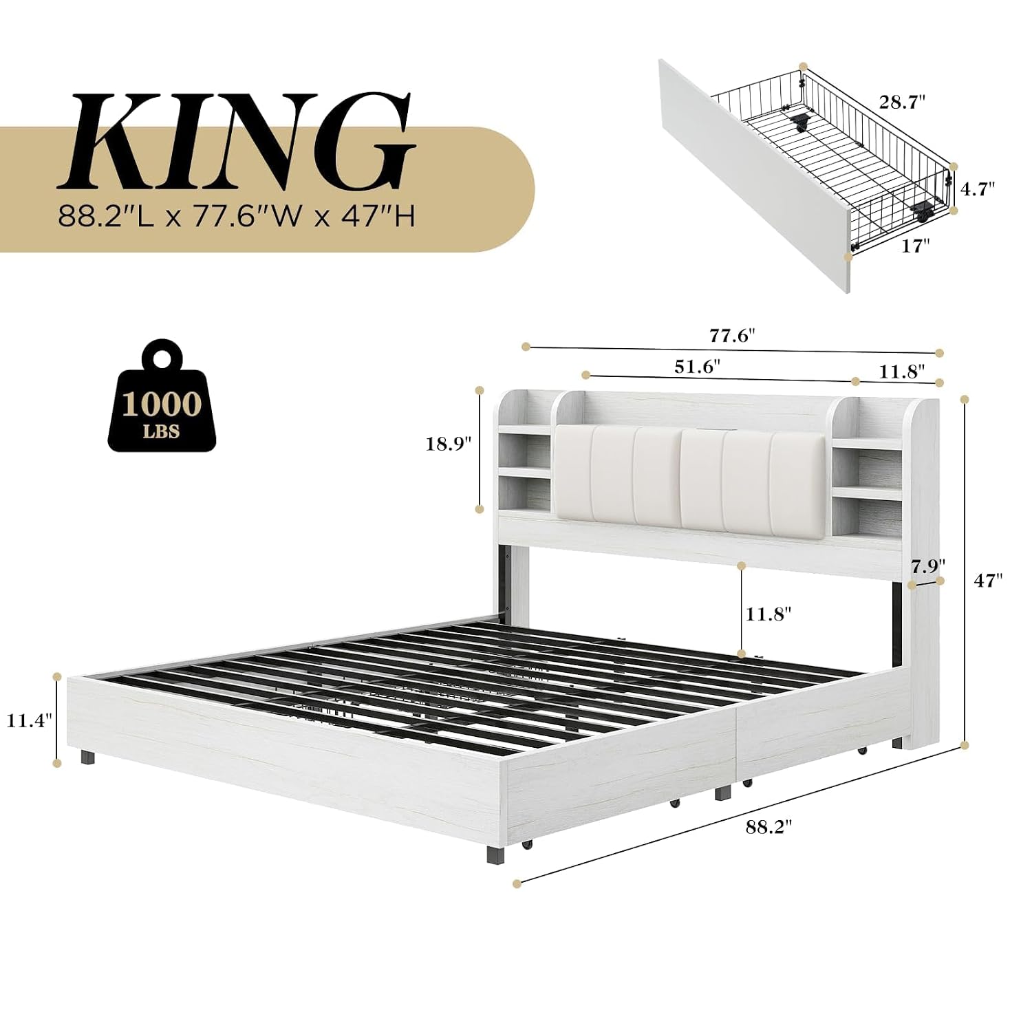 King-Size Polsterbett mit Büch – King Size Bed Frame With Storage Drawers Bewertung und Preis