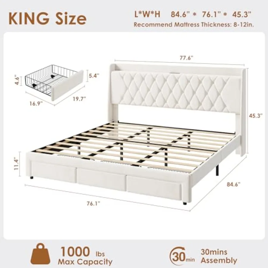 King-Size-Bettgestell mit Samt – King Size Bed Frame With Storage Drawers Bewertung und Preis