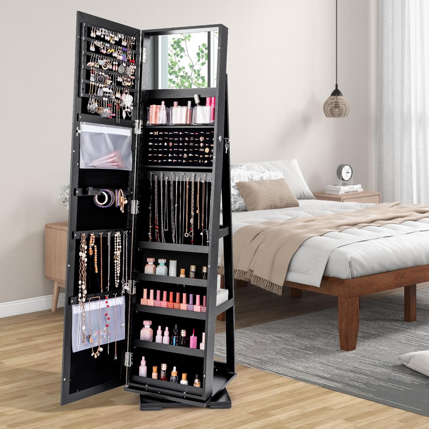 Schwarzer, abschließbarer, 360 – Full Length Mirror Jewelry Armoire Bewertung und Preis