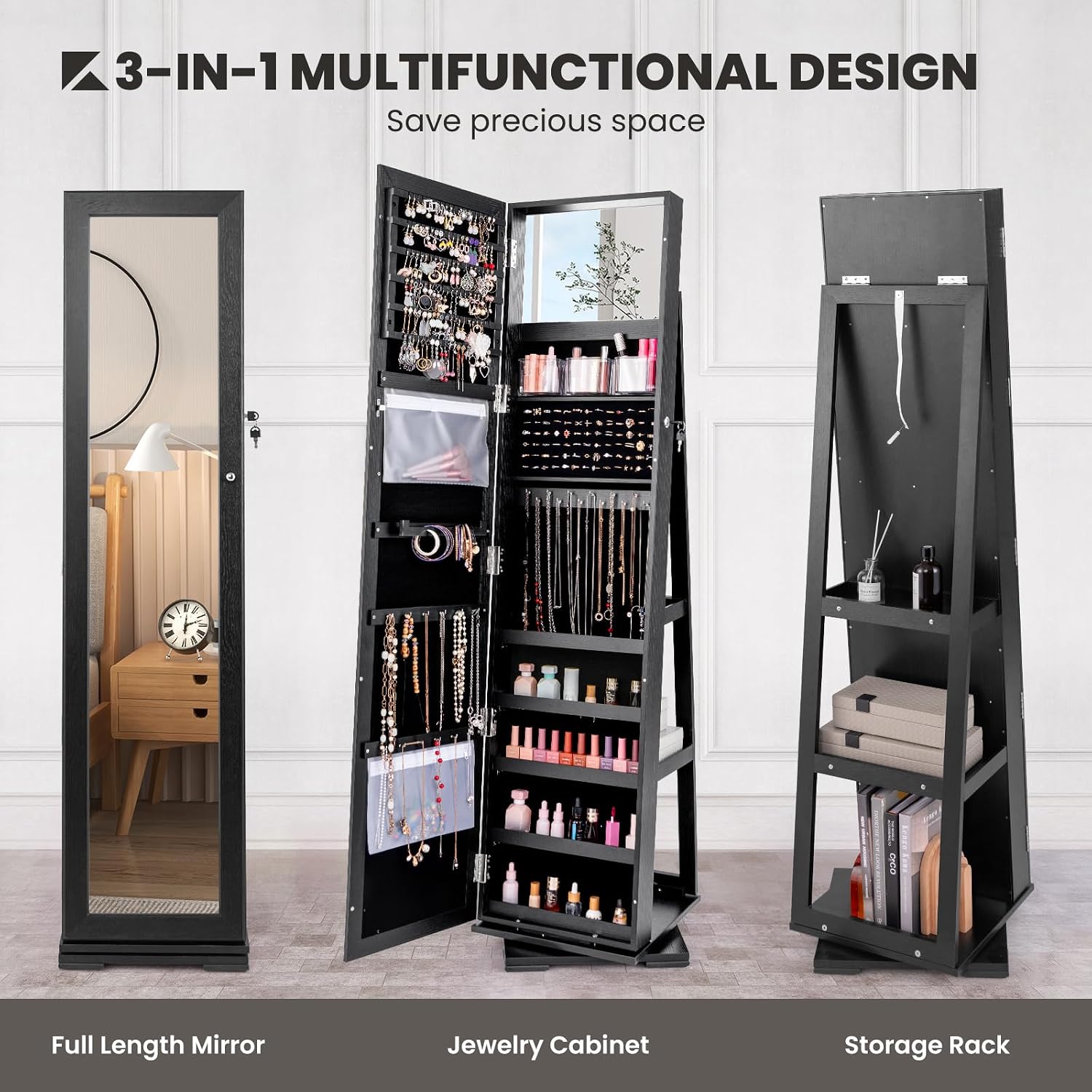 Schwarzer, abschließbarer, 360 – Full Length Mirror Jewelry Armoire Bewertung und Preis