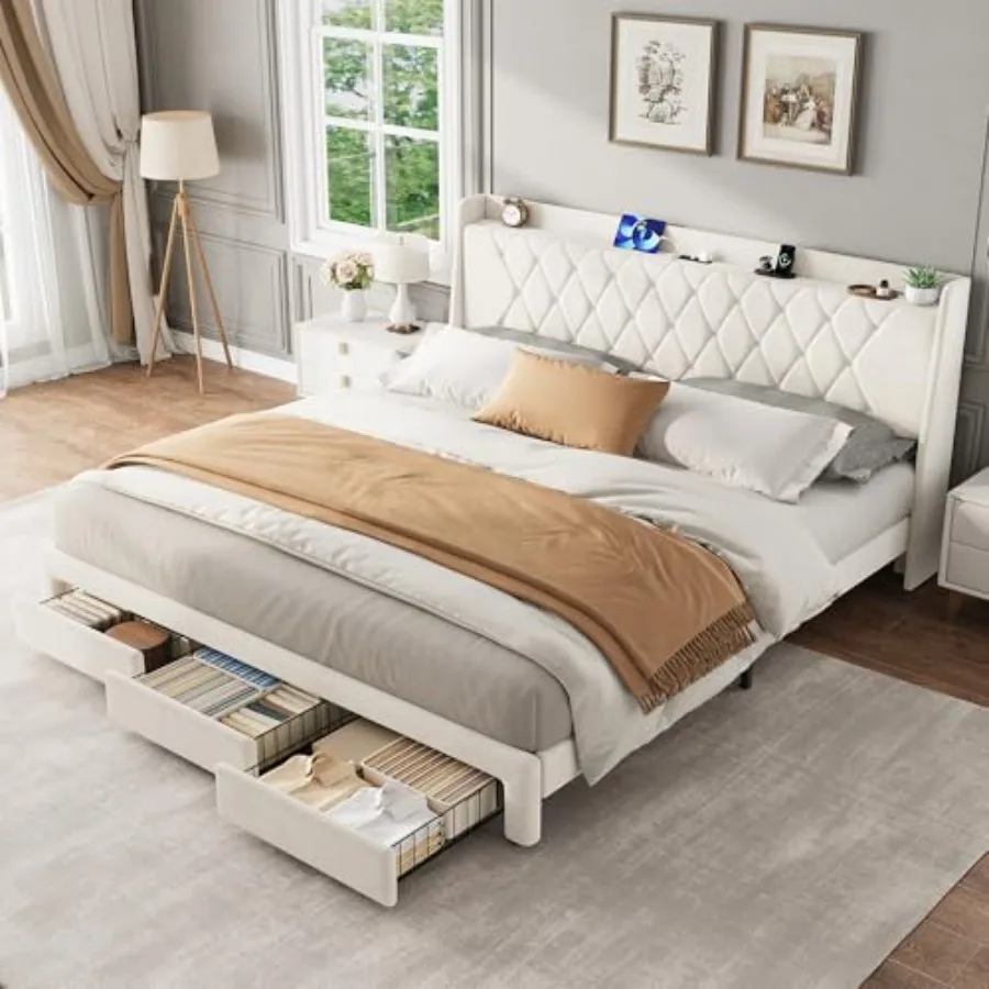 King-Size-Bettgestell mit Samt – King Size Bed Frame With Storage Drawers Bewertung und Preis